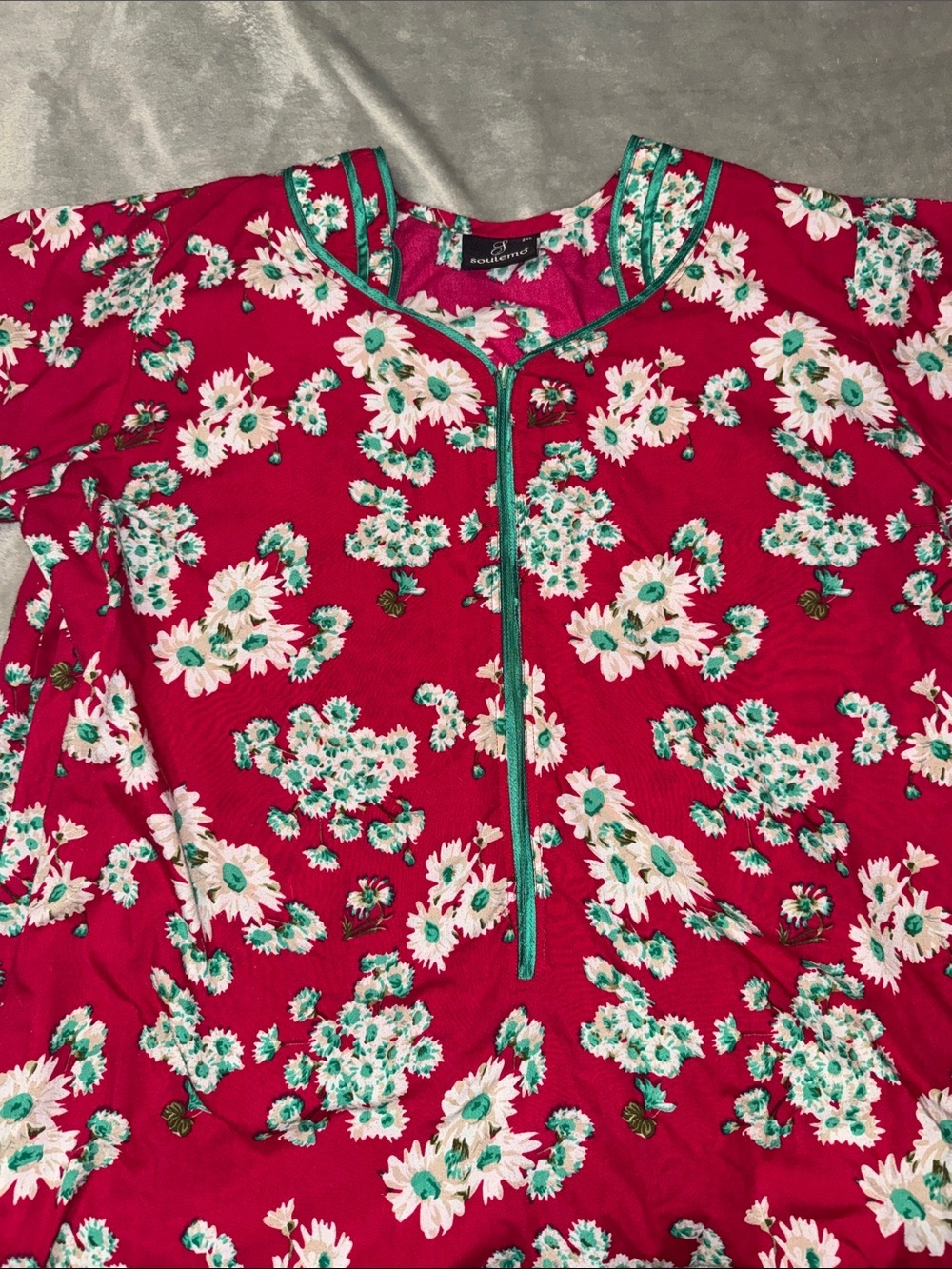 Vintage Bright Floral Pink Mumu with Teal Trim